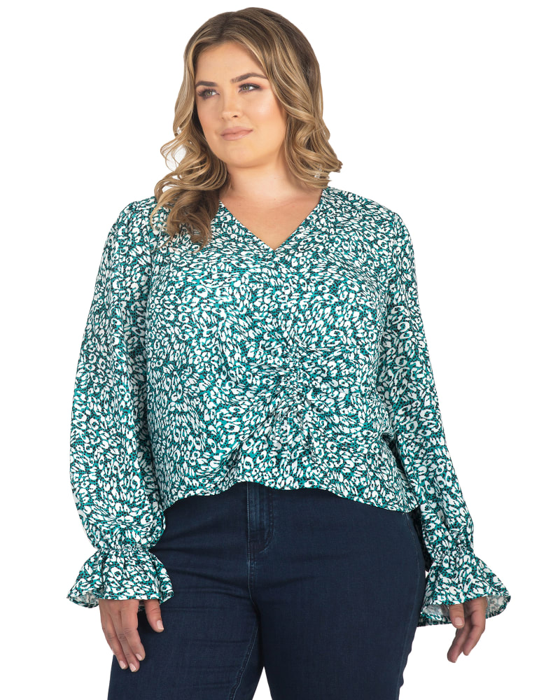 Front of a model wearing a size 1X Vera Tie-Front Blouse in Green Leopard by Standards & Practices. | dia_product_style_image_id:280702